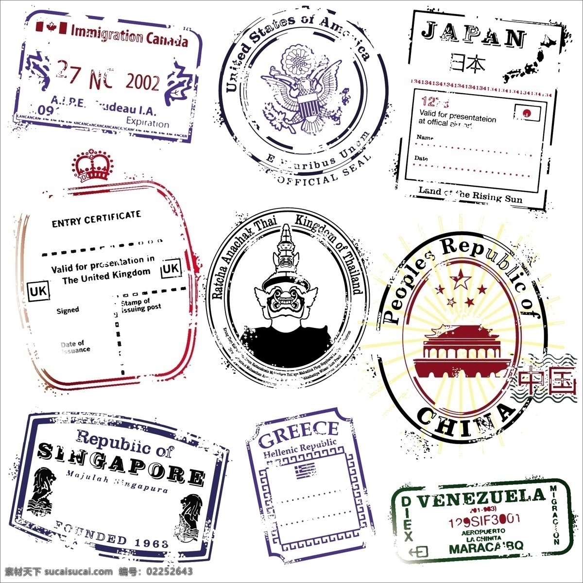 国家 邮戳 矢量 后 加拿大 美国 日本 泰国 天安门 新加坡 中国 密封 矢量图