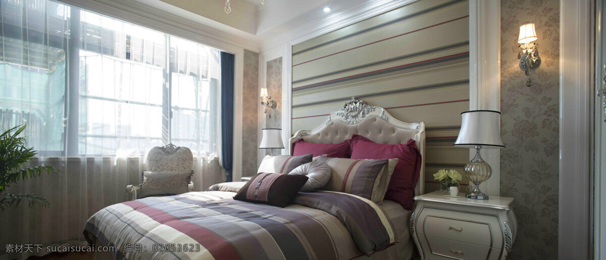 现代 时尚 卧室 横 条纹 背景 墙 室内装修 效果图 卧室装修 横条纹背景墙 金色壁灯 白色台灯