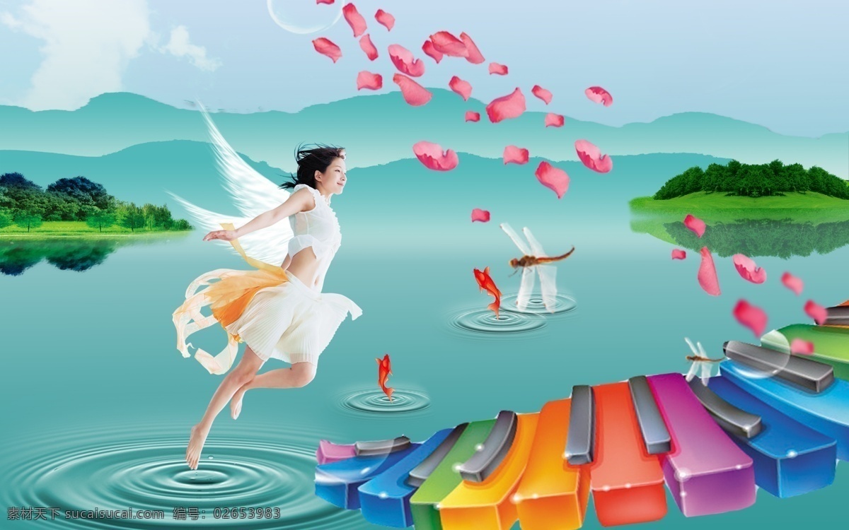 湖面 天使 戏水 波纹 翅膀 飞翔 风景 封面设计 湖畔 画册设计 美女 彩色梯子 红鱼 蜻蜓 山水 飘落的花瓣 其他海报设计