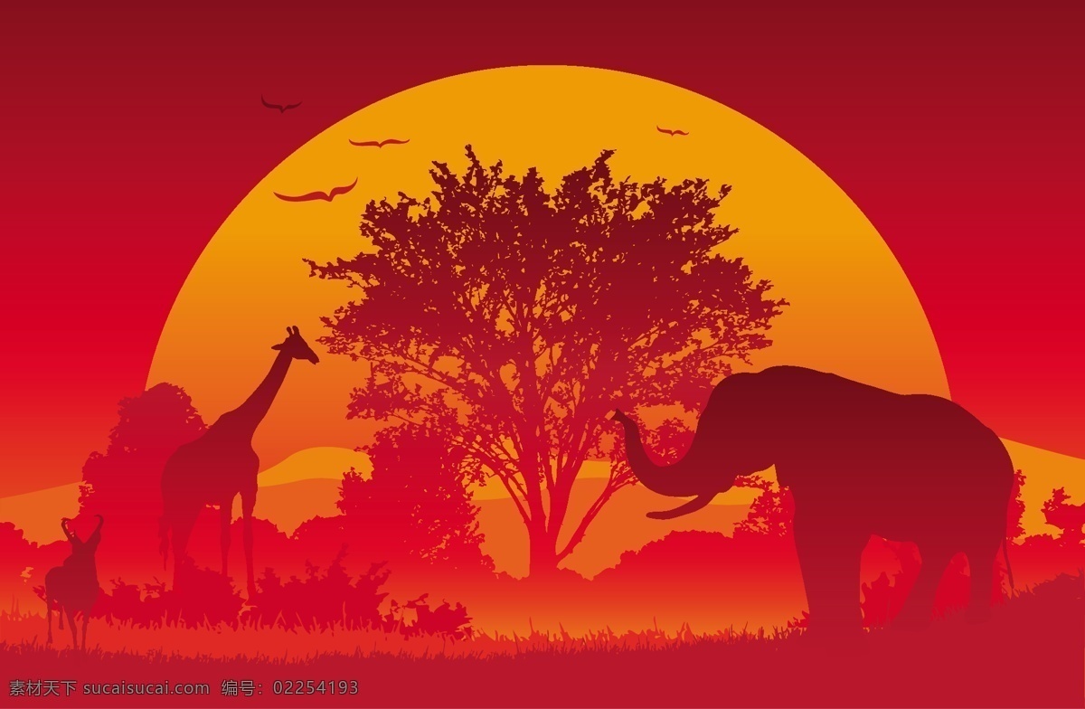 非洲 大陆 矢量 日落 草 长颈鹿 大象 动物 风景 黄昏 剪影 景观 鸟类 树 向量的日落 矢量图 矢量人物