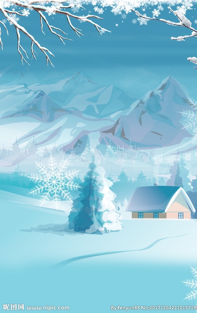 小 清新 雪花 山林 背景 唯美 小清新 小屋 海报 广告 底纹边框 背景底纹