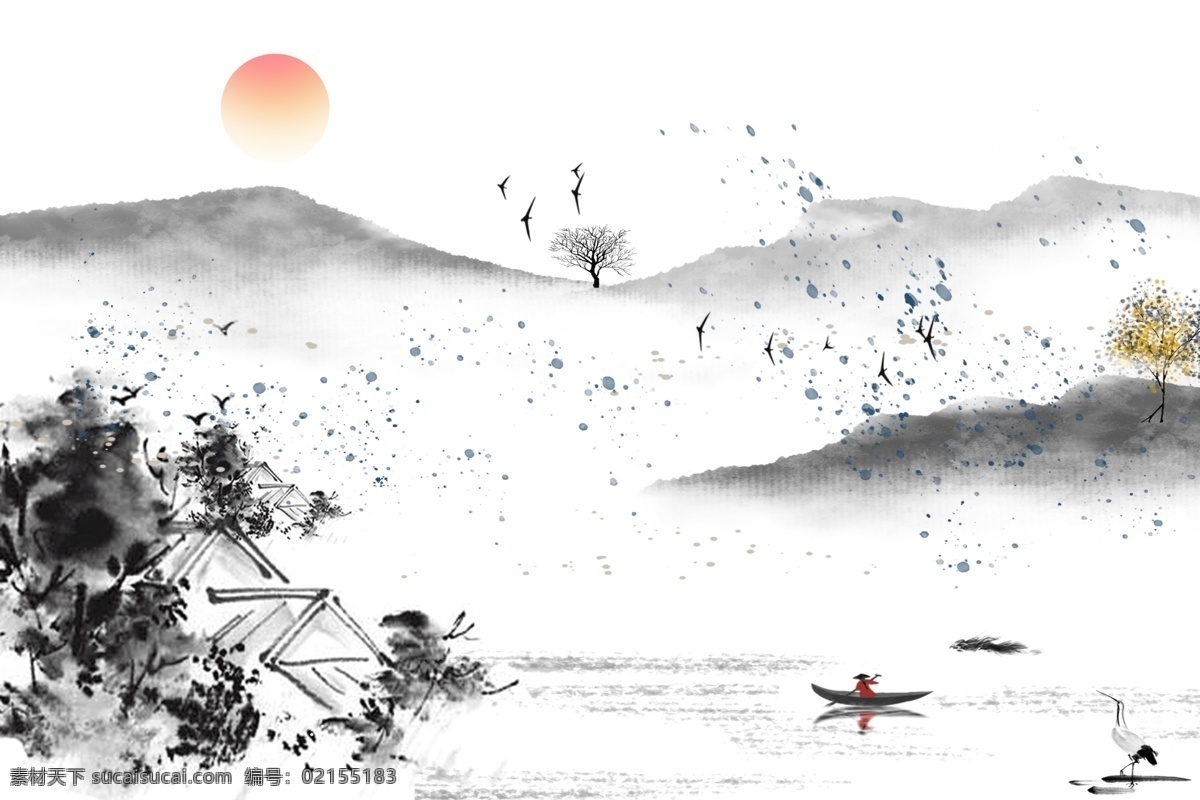 水墨山水图片 山水 水墨 复古 插画 背景 海报 古风背景 文化艺术 绘画书法