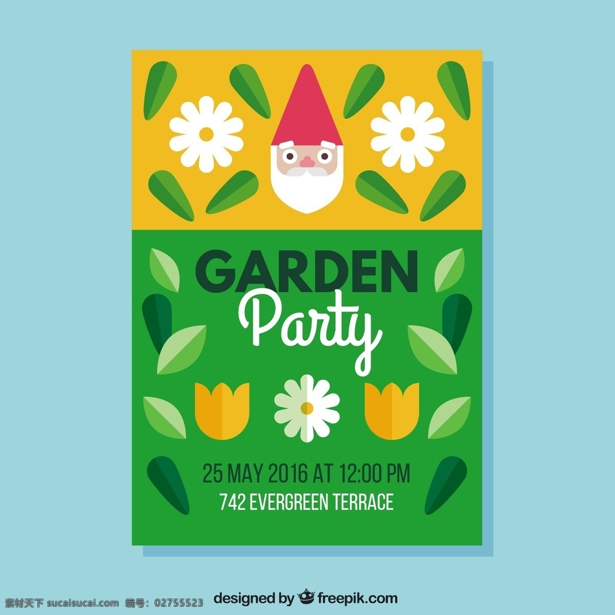 gnome 花园 聚会 邀请 宣传手册 传单 卡片 自然 模板 春天 庆典 小册子 邀请卡 乐趣 飞行模板 文具 植物 宴会传单 青色 天蓝色