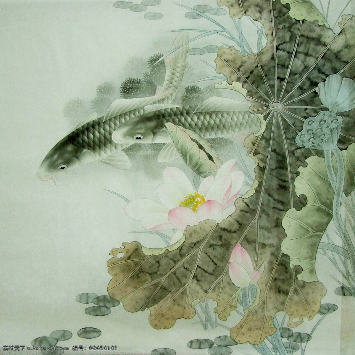 国画艺术 绘画 绘画书法 鲤鱼 莲花 莲叶 美术 莲 香鱼 逸 设计素材 模板下载 莲香鱼逸 中国画 工笔重彩画 鱼 莲塘 小草 石头 书法 印章 国画集28 文化艺术 装饰素材 雕刻 图案