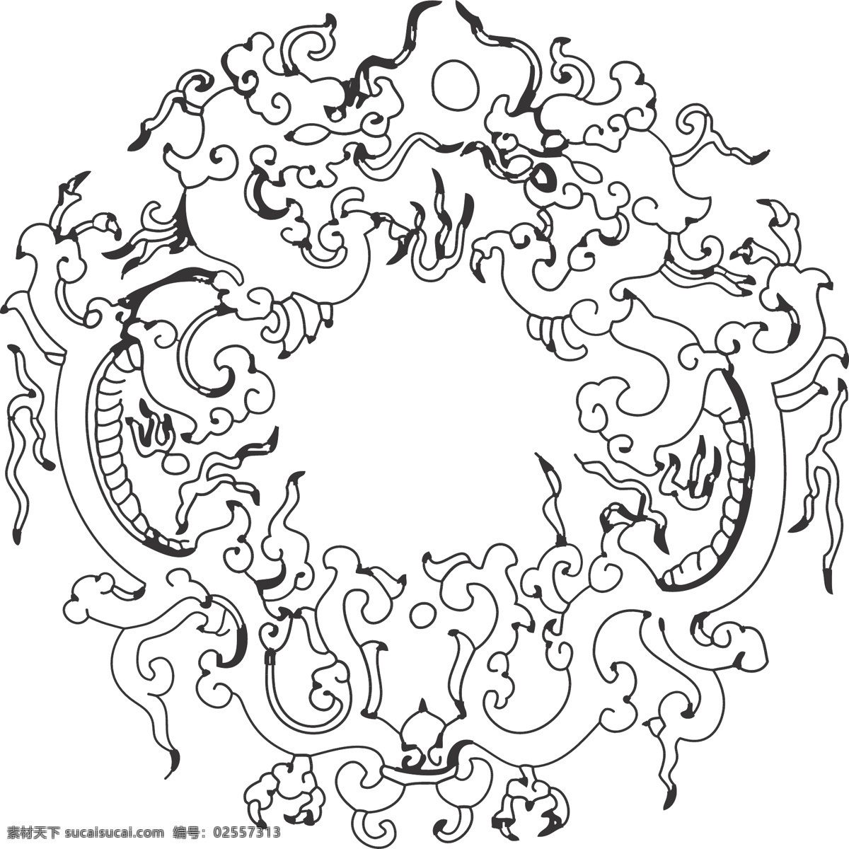 龙纹 线条 矢量 装饰 插画 白描 对称 生物世界