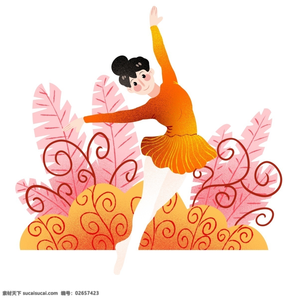跳舞 健身 小女孩 运动健身插画 跳舞健身 跳舞的小女孩 健身的小女孩 粉色的叶子 植物装饰