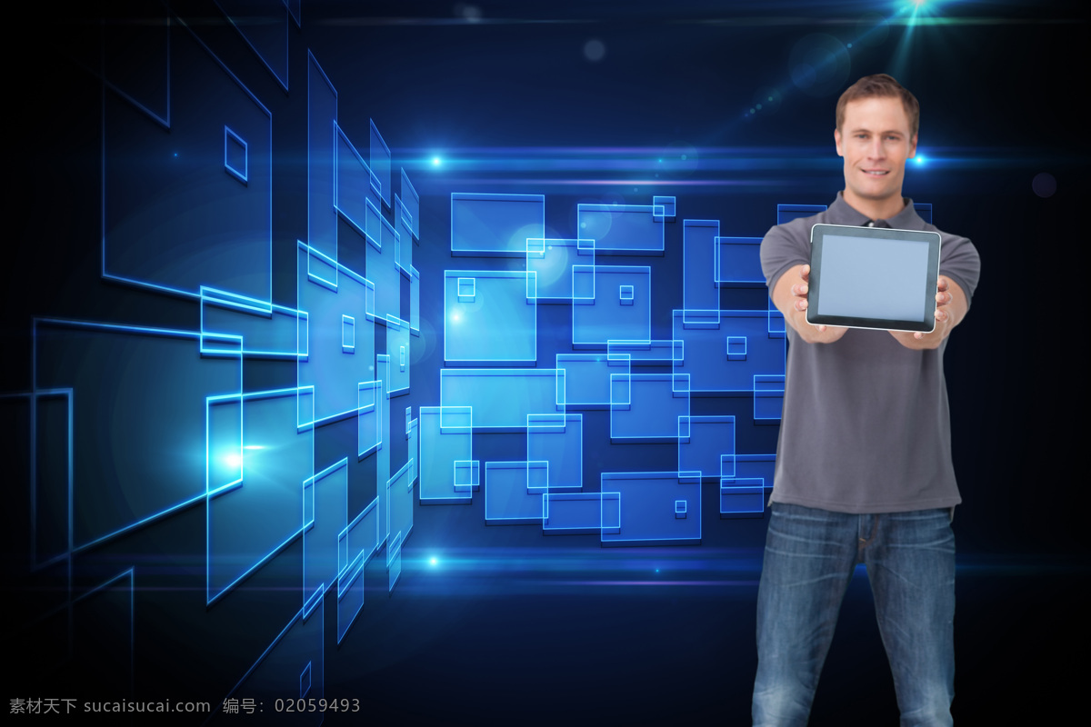 平板电脑 男人 人物 数码产品 蓝色背景 科技背景 通讯网络 现代科技
