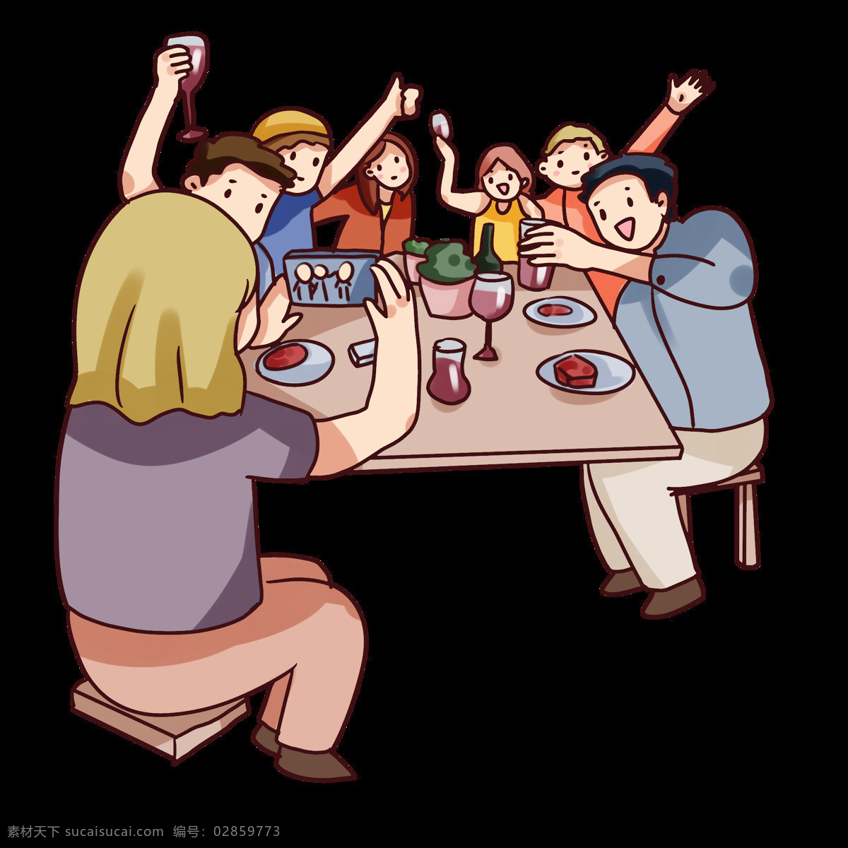 聚餐 家人团圆 一起吃饭 聚会 疫情不聚会 卡通人物
