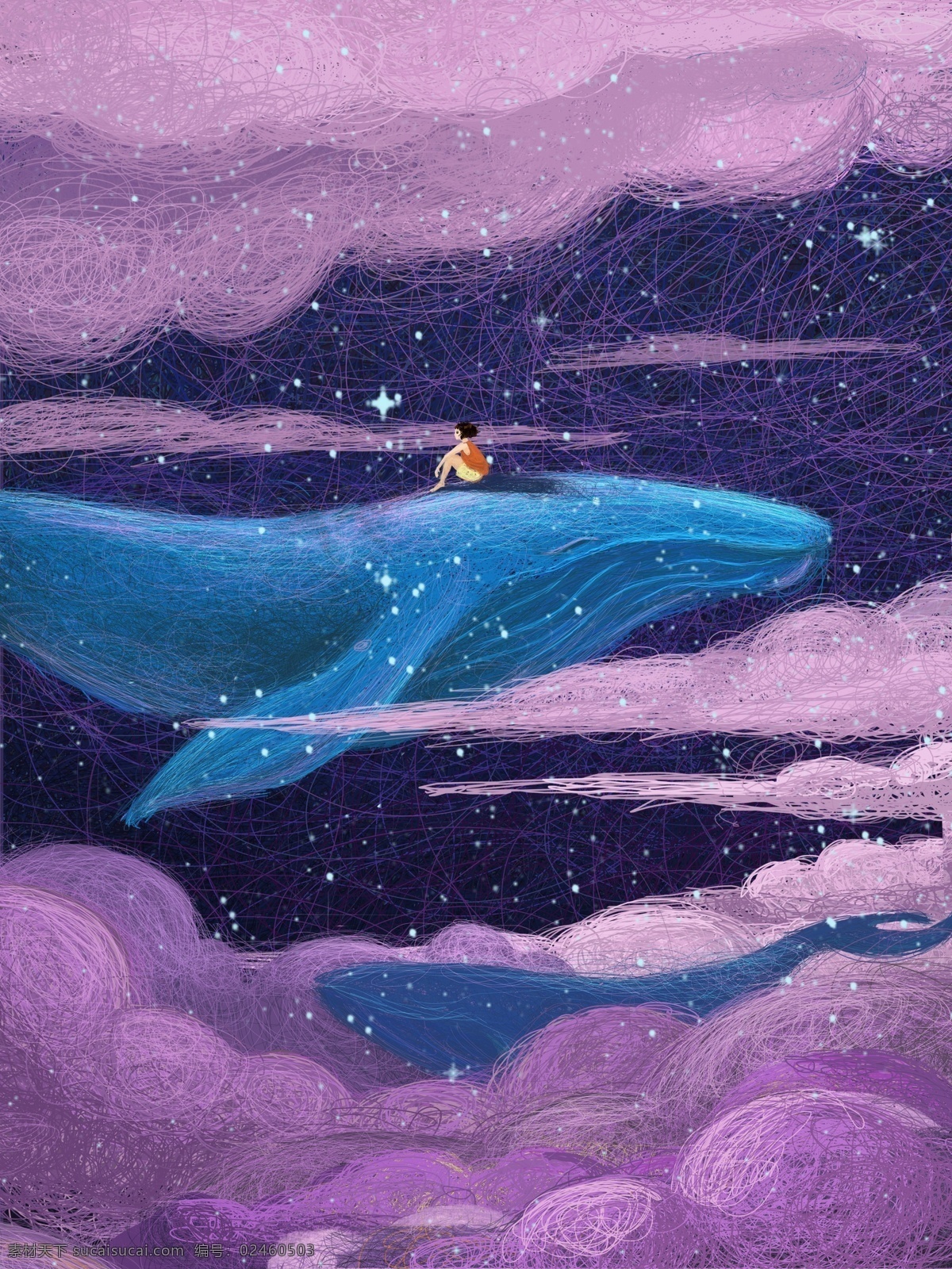 治愈 鲸鱼 女孩 线圈 星空 唯美 手绘 插画