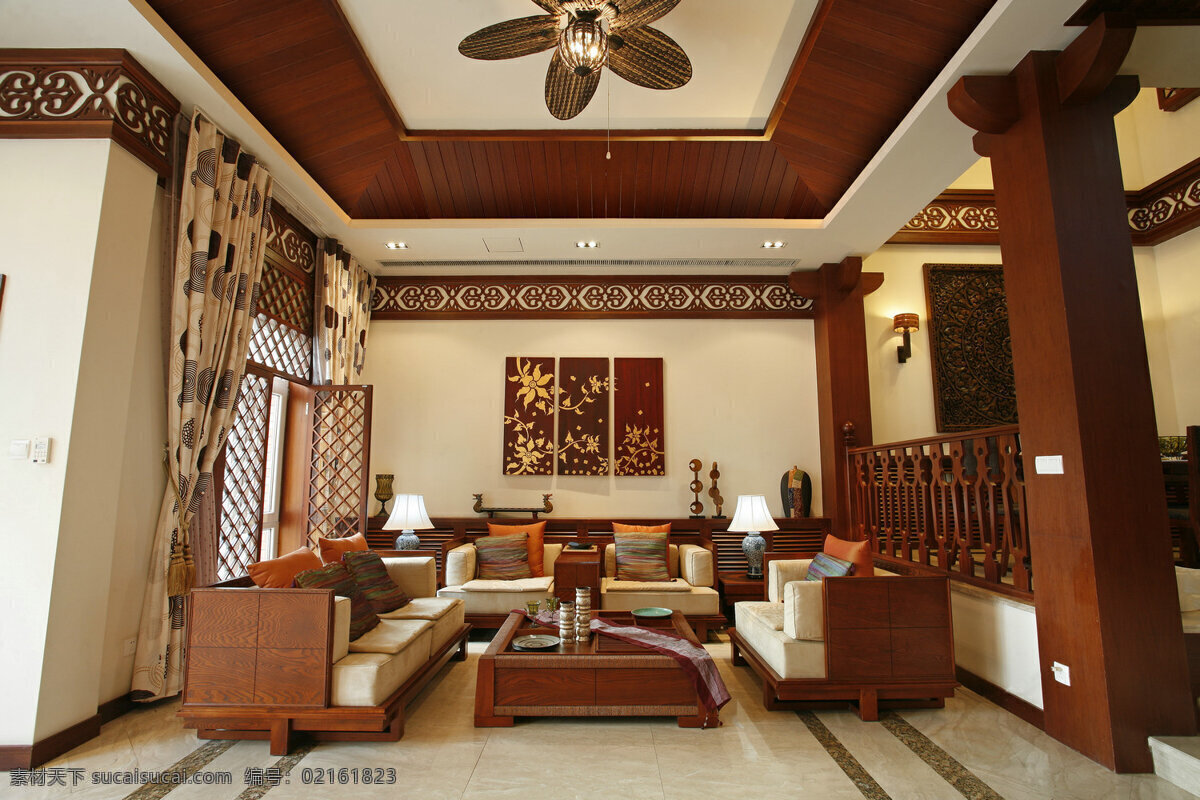 中式 贵 气 客厅 褐色 天花板 室内装修 效果图 客厅装修 褐色家具 瓷砖地板 褐色柱子