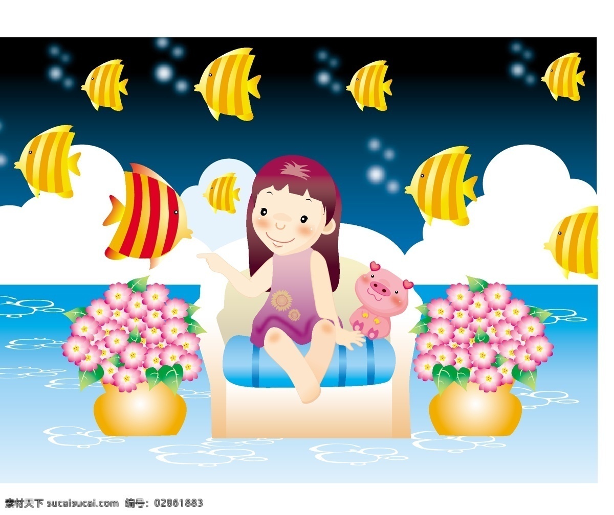 孩子和热带鱼 卡通 孩子 童话 热带鱼 插画 白色