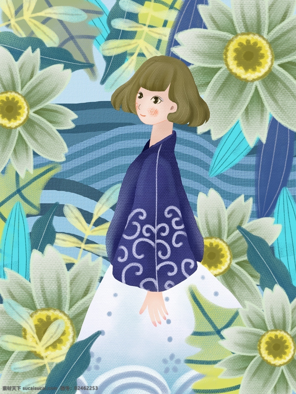青年节 花朵 可爱 中国 风 服装 女孩 原创 插画 中国风 繁花