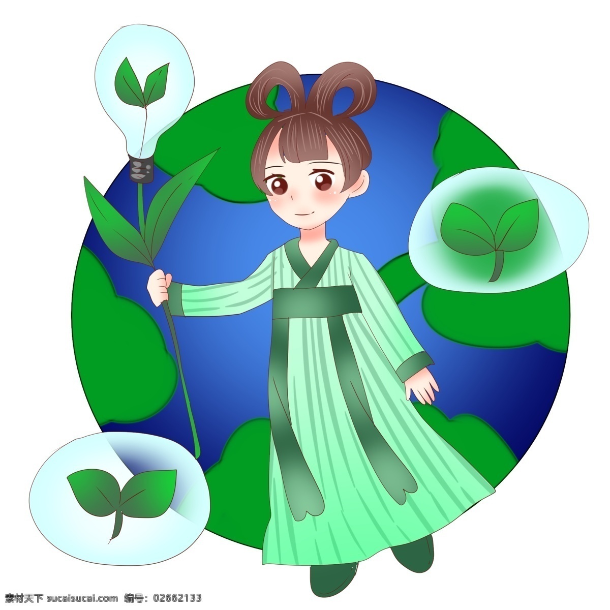 爱 环保 小女孩 插画 地球 小时 绿色的叶子 白色的灯泡 植物装饰 漂亮的小女孩