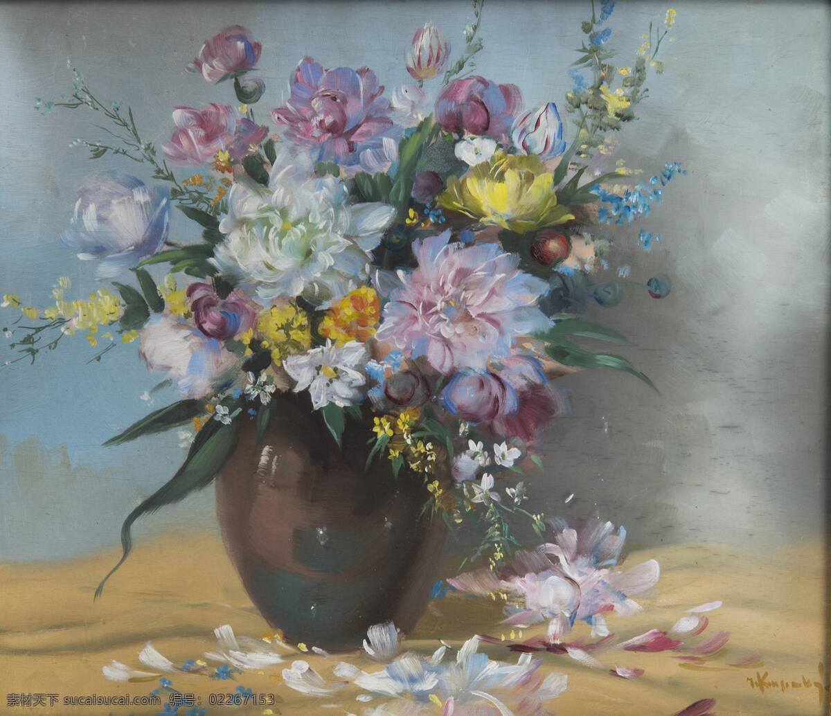 静物鲜花 混搭鲜花 花瓶 大丽花 郁金香 20世纪油画 油画 文化艺术 绘画书法