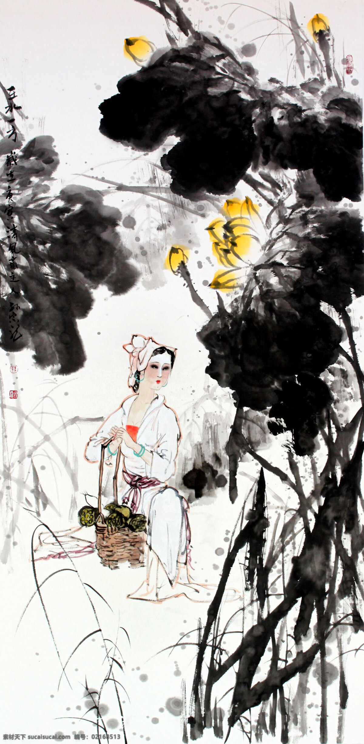 表情 彩墨画 动作 国画 国画艺术 绘画 绘画书法 丽人 采莲图 美术 水墨画 女人 仕女 女子 姿势 莲池 莲花 书法 印章 国画集44 文化艺术 装饰素材 雕刻 图案