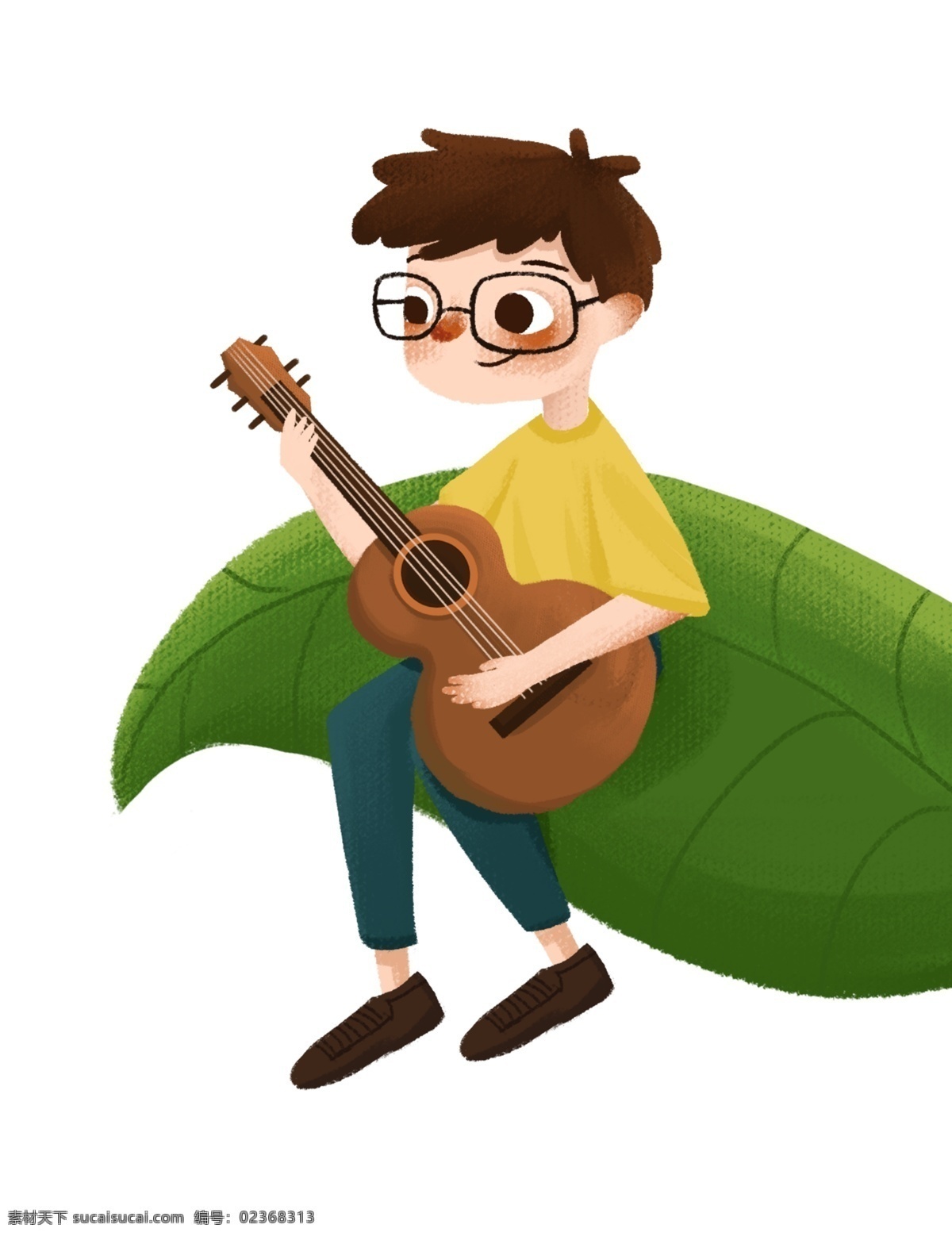 手绘 卡通 坐在 叶子 上 弹 吉他 小 男孩 元素 弹吉他的少年 可爱的少年 卡通风格 可爱风格 弹吉他 乐器 人物 彩色 音乐 绿叶