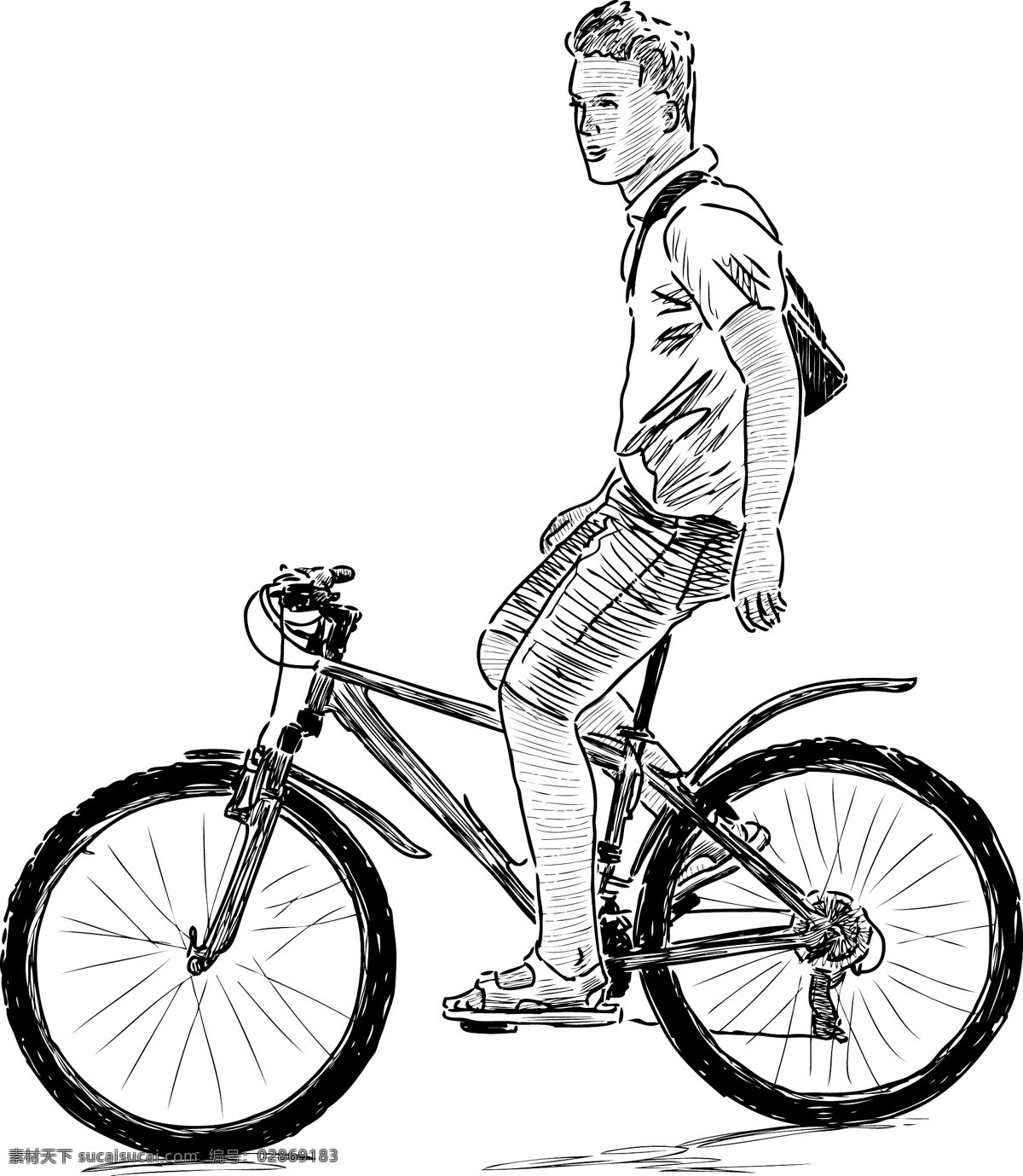 骑 自行车 少年 人物 速写 绘画 骑自行车 白色