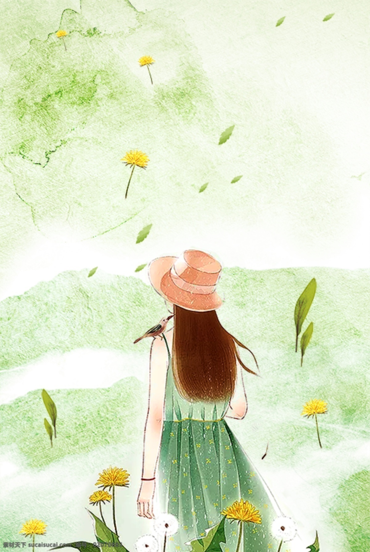 手绘 水墨 绿色 郊游 背景 春天 花朵 女孩 落叶 水彩