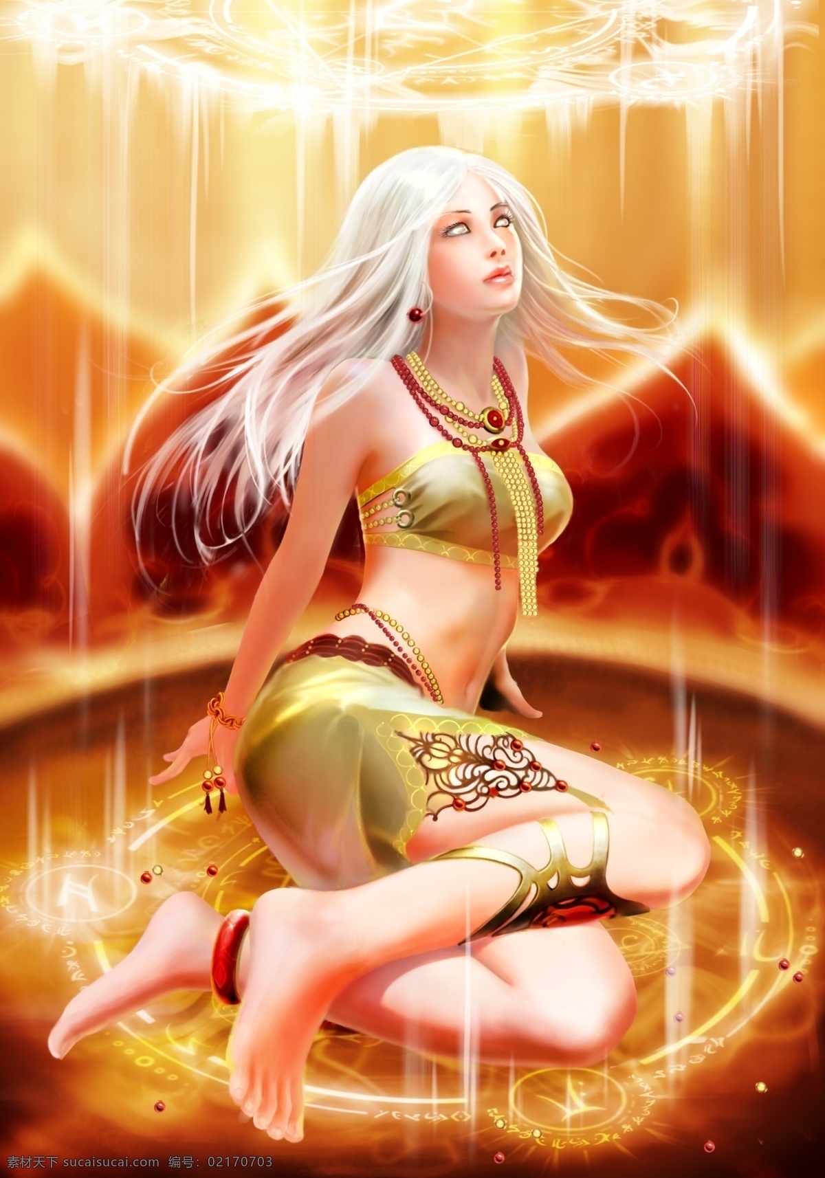 分层 插画 发光 高清 金色 美女 魔法 被封印的少女 奇幻 小说封面 小幽插画 封印 少女 坐在地上 白发 眼发光 珠链 散落 原创cg 艺术 人物 源文件 插画集