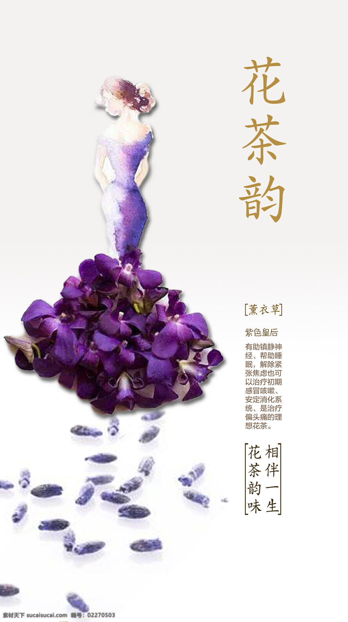 花茶韵薰衣草 薰衣草花茶 紫色皇后 薰衣草 花茶 韵味 相伴 一生 花瓣插画女人 白色