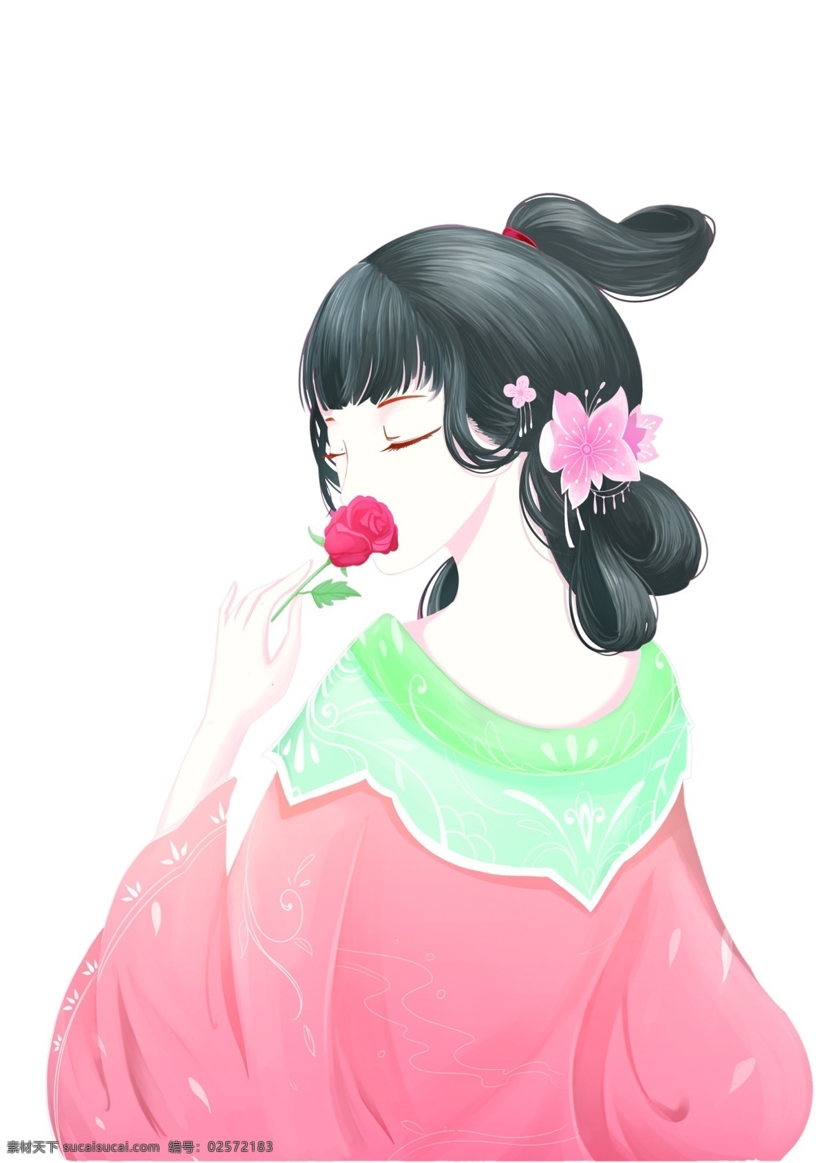 手绘美女抠图 美女 粉色 抠图 玫瑰花 绿色