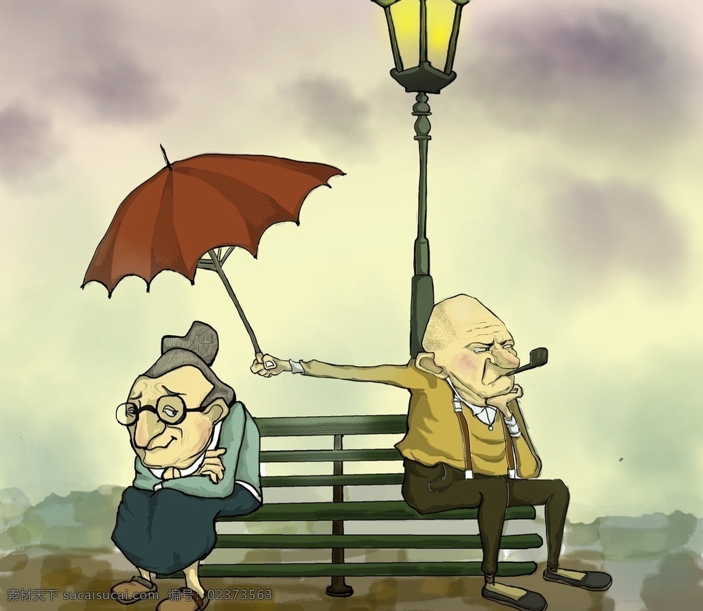 插画 真爱 老人 下雨 幸福 可爱 人物 分层 源文件