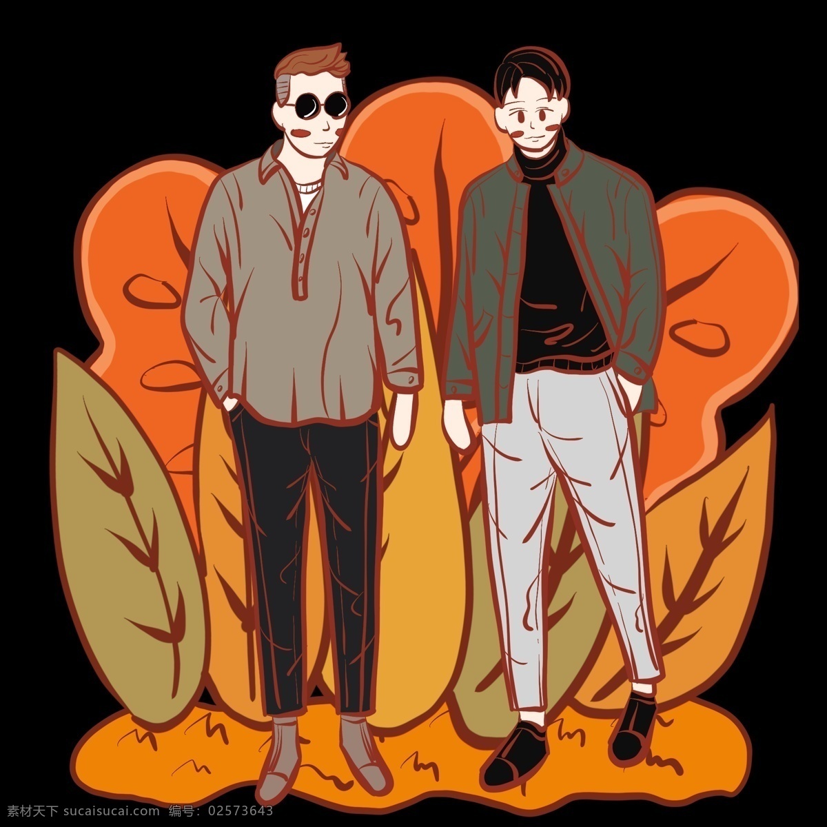 手绘 时尚 文艺 潮 男 青年 卡通 小 插画 男性 时尚潮男 衬衫 长裤 夹克 高领毛衣 秋冬季 穿 搭 可爱 植物 植被叶片草丛 双12活动 购物狂欢节 复古 图
