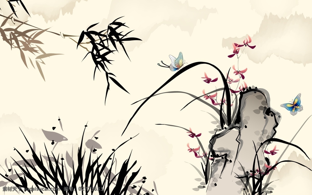 水墨画 中国风 山水 竹子 分层 花朵 蝴蝶 草地 自然景观 自然风光