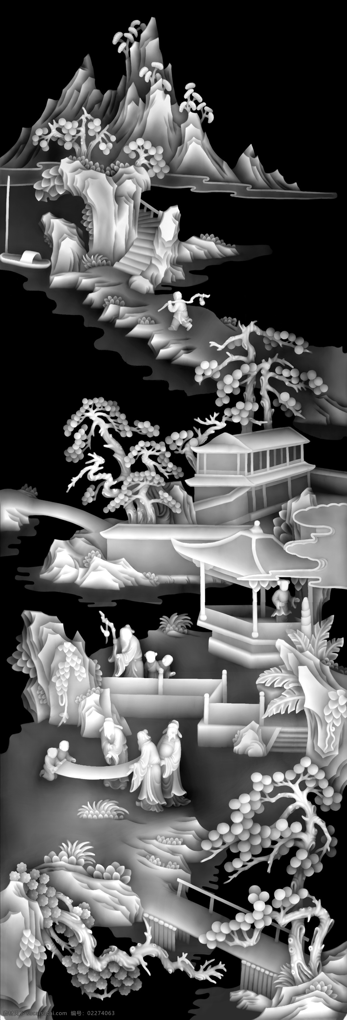 山水人物 灰度图 山水 楼阁 人物 家具雕花 浮雕灰度图 浮雕 雕刻 浮雕用灰度图 设计图库 bmp 传统文化 文化艺术 实木浮雕