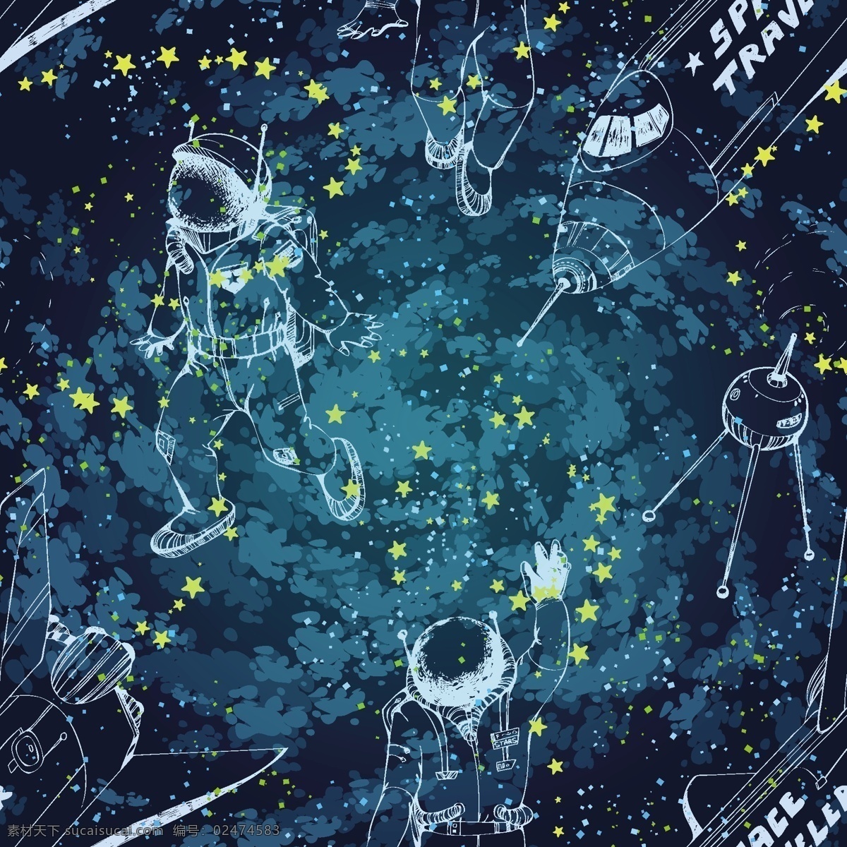 水彩 银河 星光 宇航员 矢量 背景 蓝色 星空 星星 铅笔画 粉笔画 手绘 创意 涂鸦