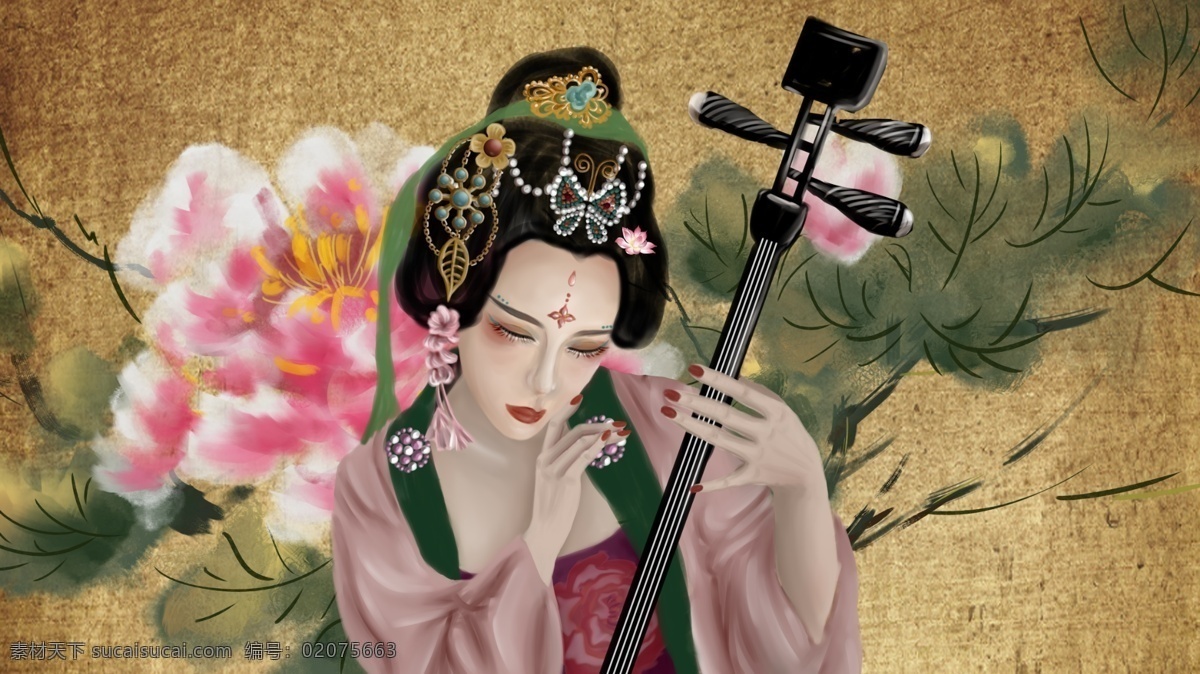 古风 人物 牡丹 中国 风 复古 做 旧 花卉 国画 琵琶 女 插画 清新 中国风 做旧 琵琶女 朋友圈配图 手机壁纸 电脑壁纸 插图 配图 微博配图 公众号配图 文章配图 原创 可爱 手绘