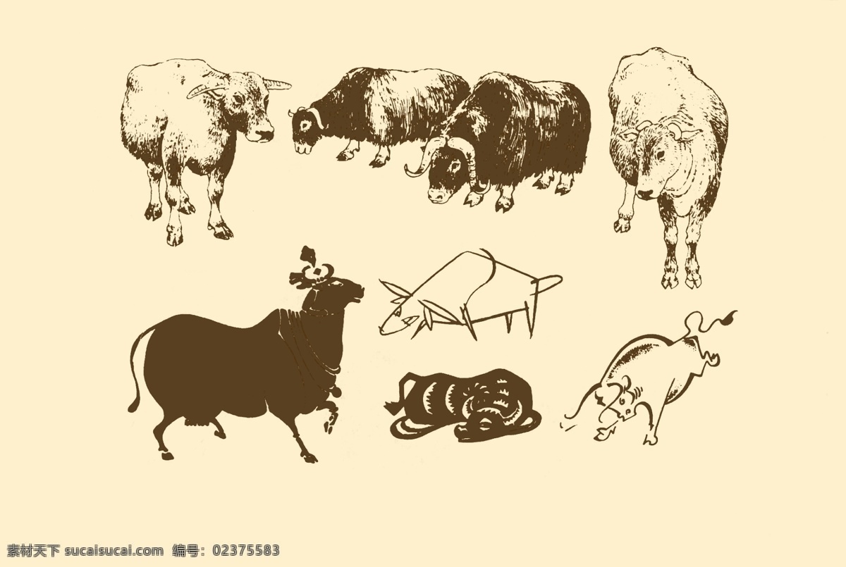动物图案 牛 卡通 动物 纹样 图案 白描 简笔画 儿童画 分层 源文件