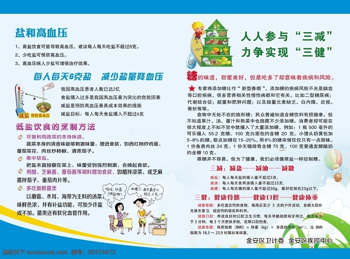 三减三健 三减 三健 盐和高血压 蓝色 温度计 做饭热气球 绿叶 糖 白云 蓝色背景 营养搭配低盐