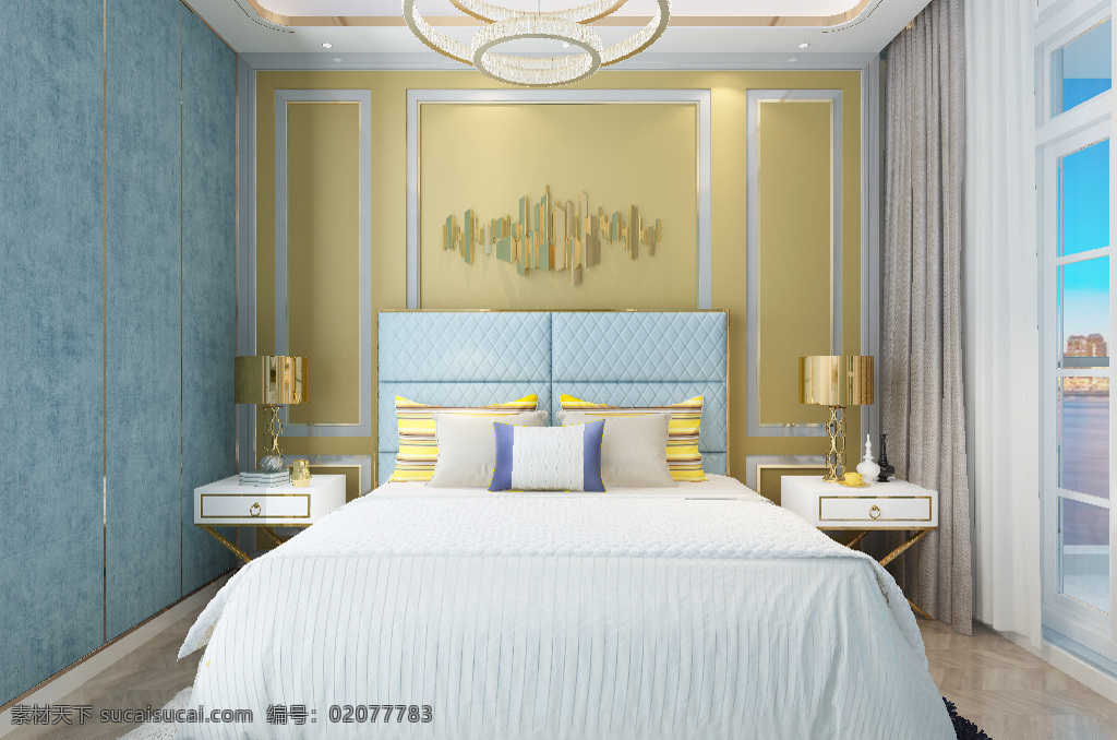 现代 简约 风格 色彩 时尚 卧室 效果图 背景墙 温馨 3d 色彩绚丽 前卫 轻奢 吊灯 台灯 简约床 地毯