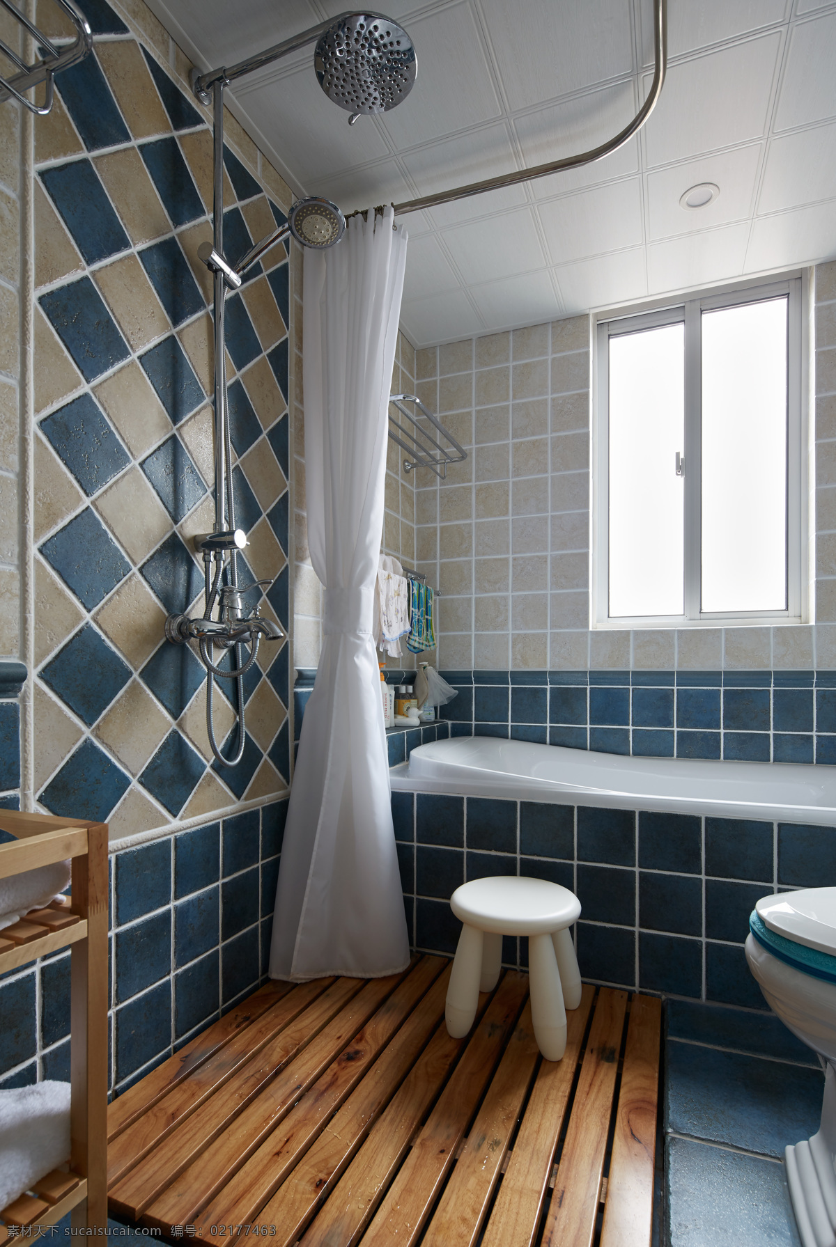 现代 地中海 风格 浴室 浴缸 墙砖 效果图 蓝色 装修 高清大图 室内设计