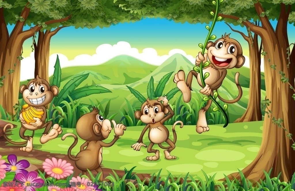 卡通森林猴子 卡通猴子 树林 森林 卡通素材 动物 大树 生物世界 野生动物