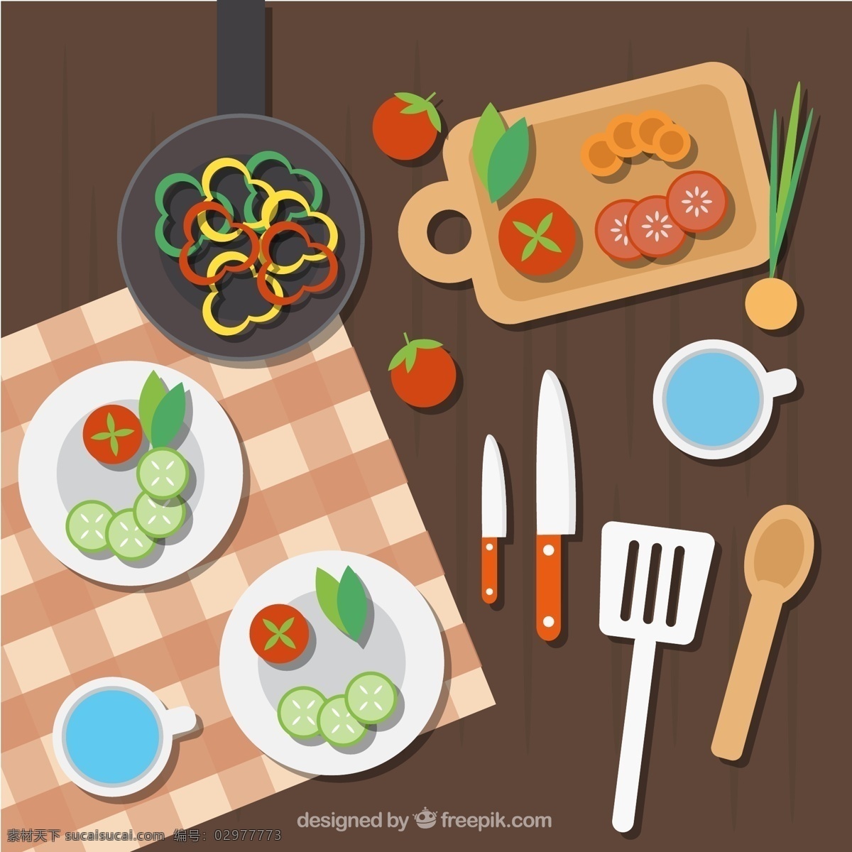 创意 餐桌 俯视图 矢量 桌面 俯视 美食 餐具 蔬菜