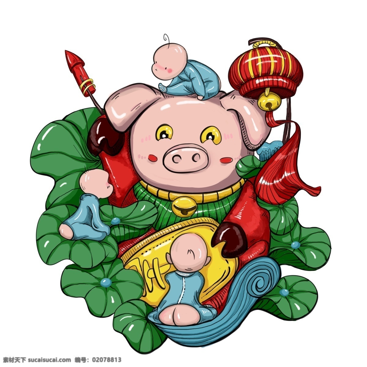潮 漫 猪年 招 财 童子 彩绘 卡通 插画 喜庆 过年 潮漫 招财童子 2019年 小猪形象 猪年形象