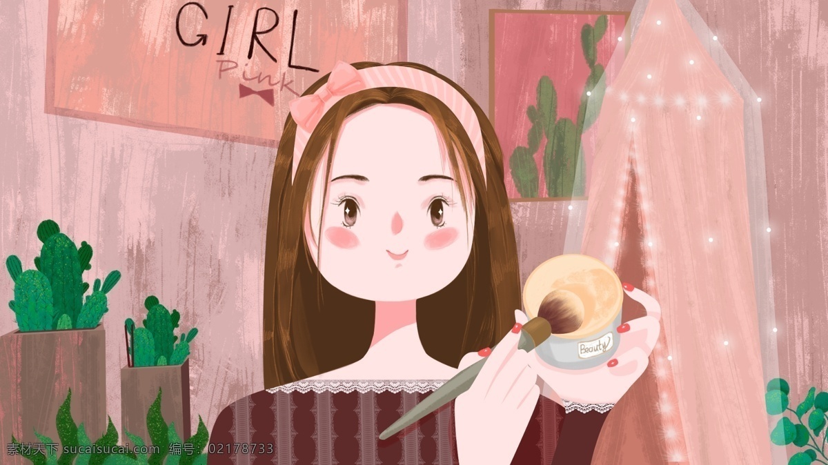 房间 里 化妆 小女 生 卡通 背景 小女生