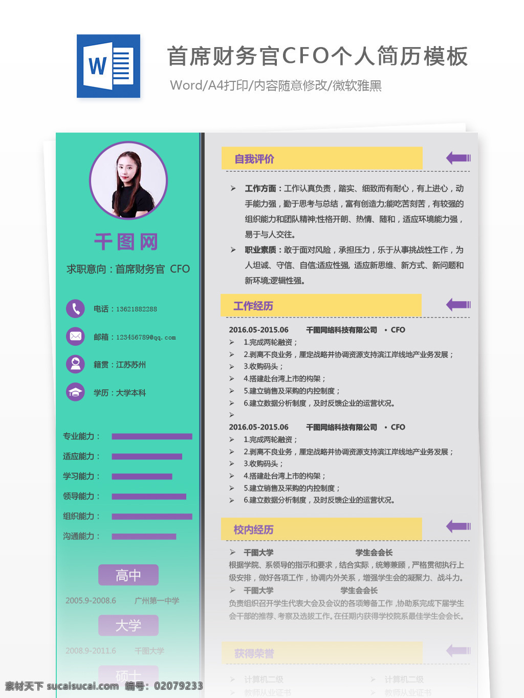 首席 财务 官 cfo 个人求职 简历 简历模板 个人简历 个人简历模板 商务 首席财务官 拼色 多彩 13年
