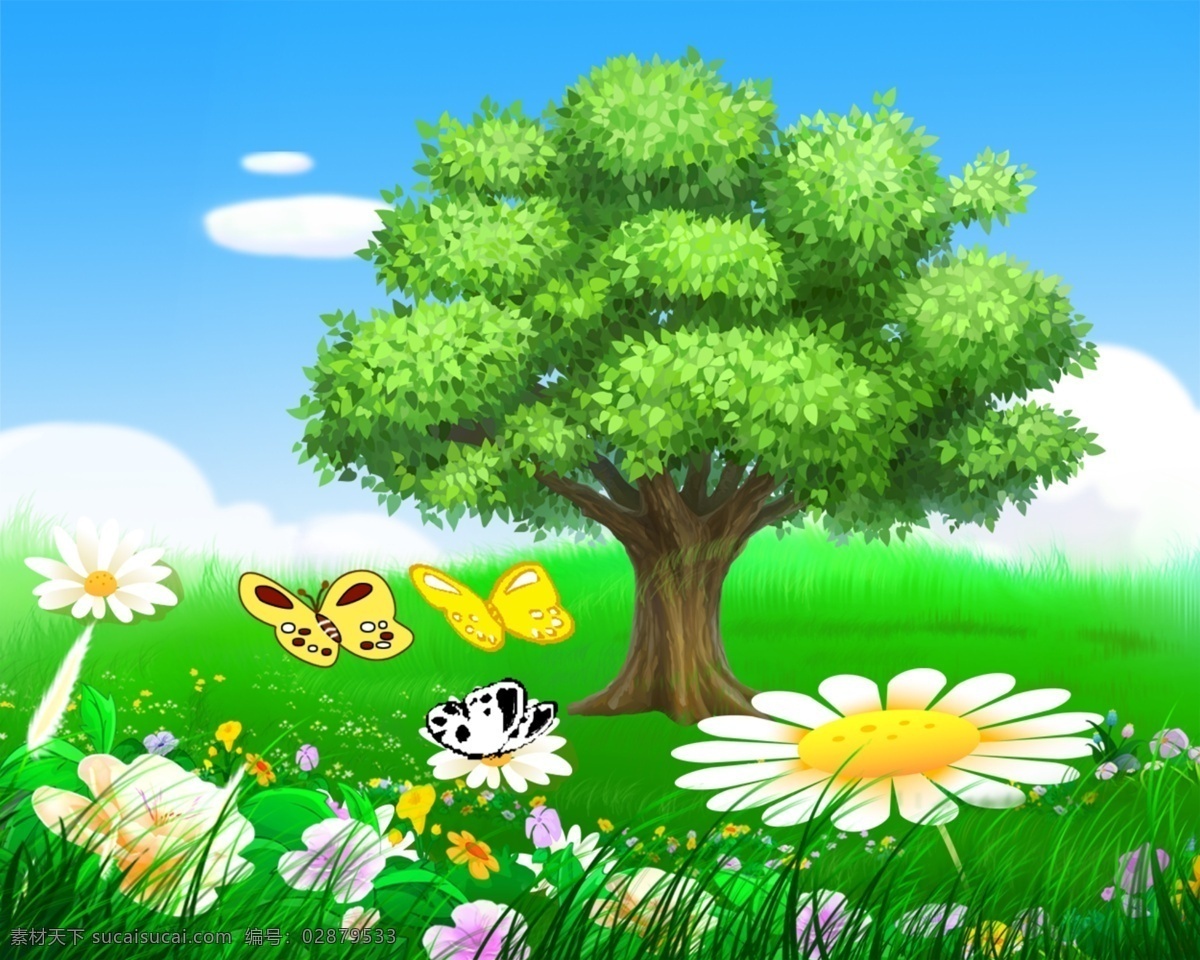 大树 卡通树 卡通 树 卡通动漫 风景 蓝天 绿树 绿色 原创