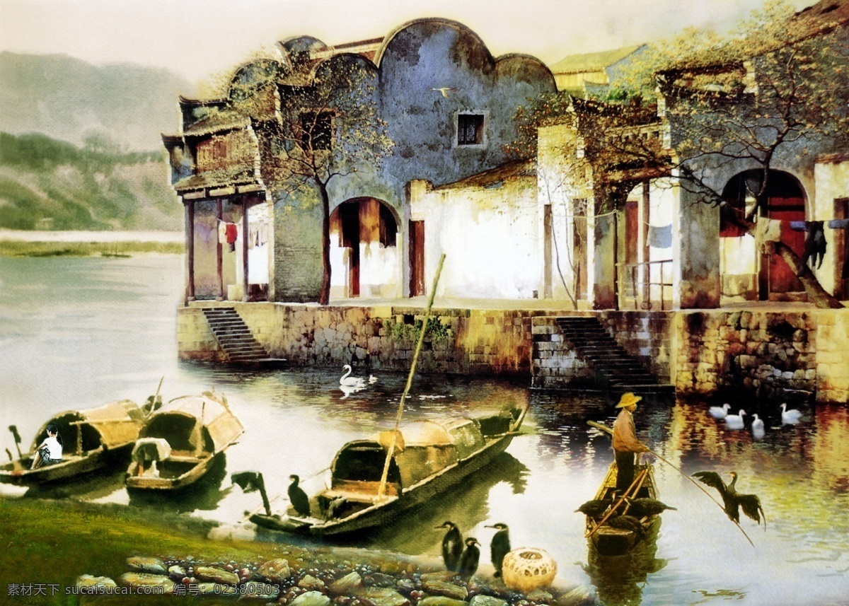 山村水乡 油画风景