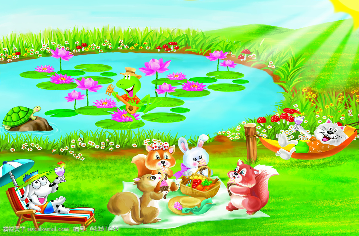 湖边的聚会 插画 卡通 可爱 狗 青蛙 松鼠 兔子 湖水 花 草 儿童 动漫动画