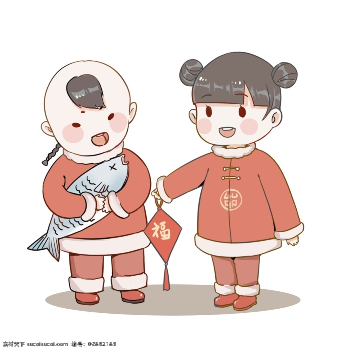 新年 2019 年 唐装 男孩 女孩 年年有余 过年 喜庆 古典 卡通人物 装饰 2019年 吉祥 中国唐装 中国年 中国红 习俗 举福 暖色
