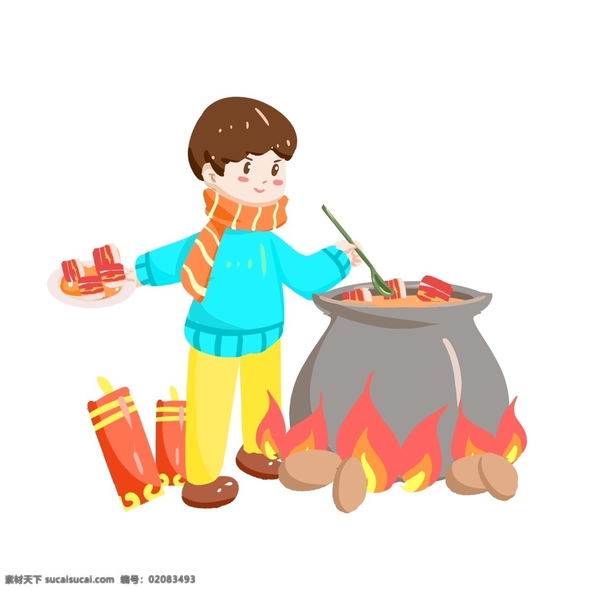 传统 习俗 小女孩 炖 大肉 手绘 插画 小清新 春节 可爱 和谐 年画 农历新年 春节习俗 2019 复古装修 开心 新年 腊月 买年货