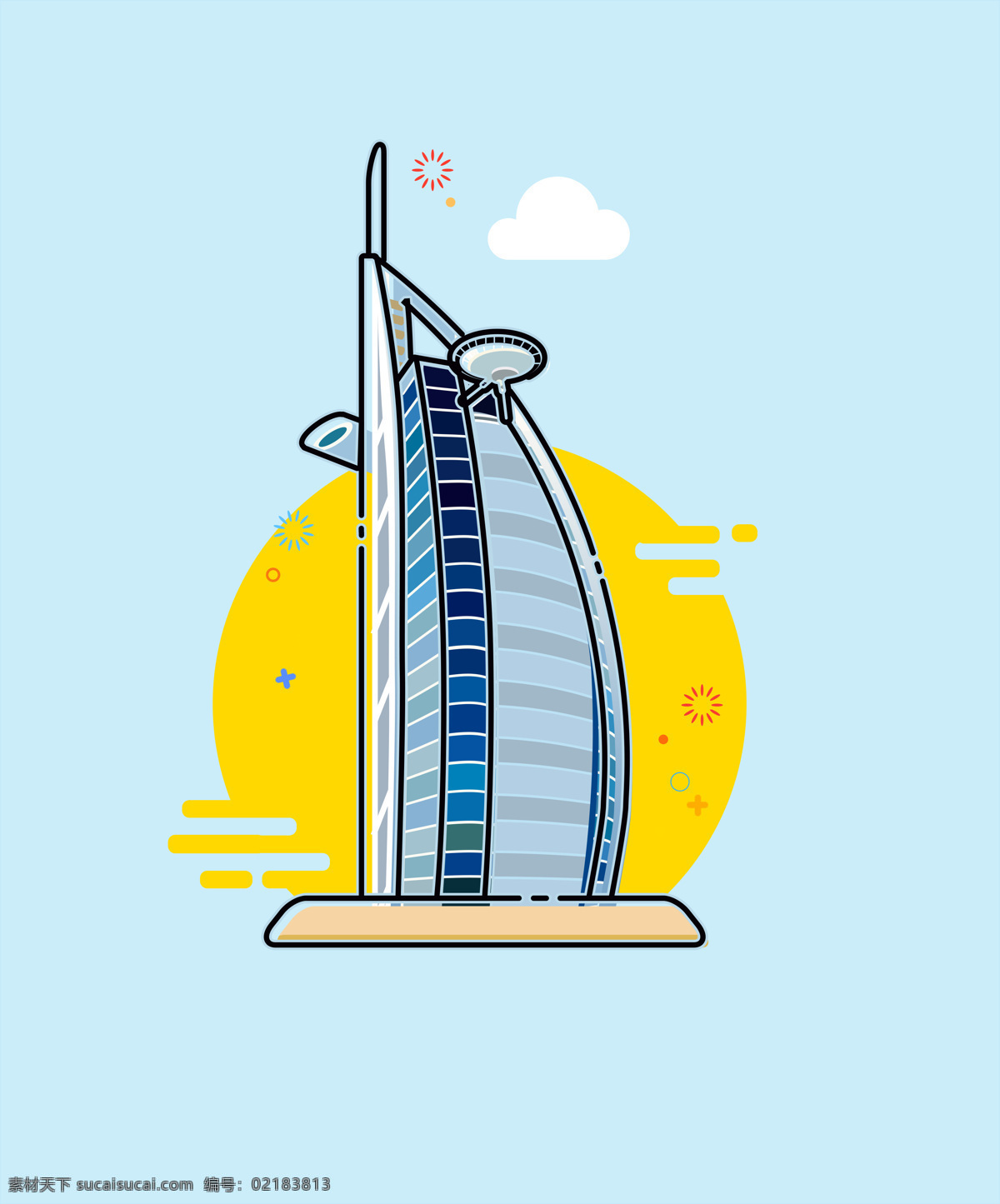 扁平 插画 平建筑 旅行 迪拜帆船酒店