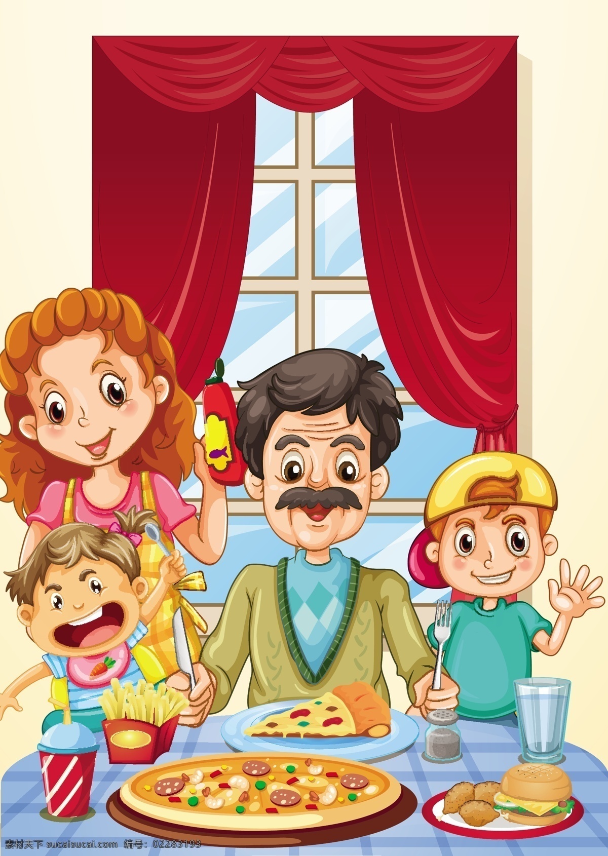 卡通家庭 孩子 男孩 父母 一家人 全家 窗帘 快餐 早餐 快乐 卡通儿童 卡通设计
