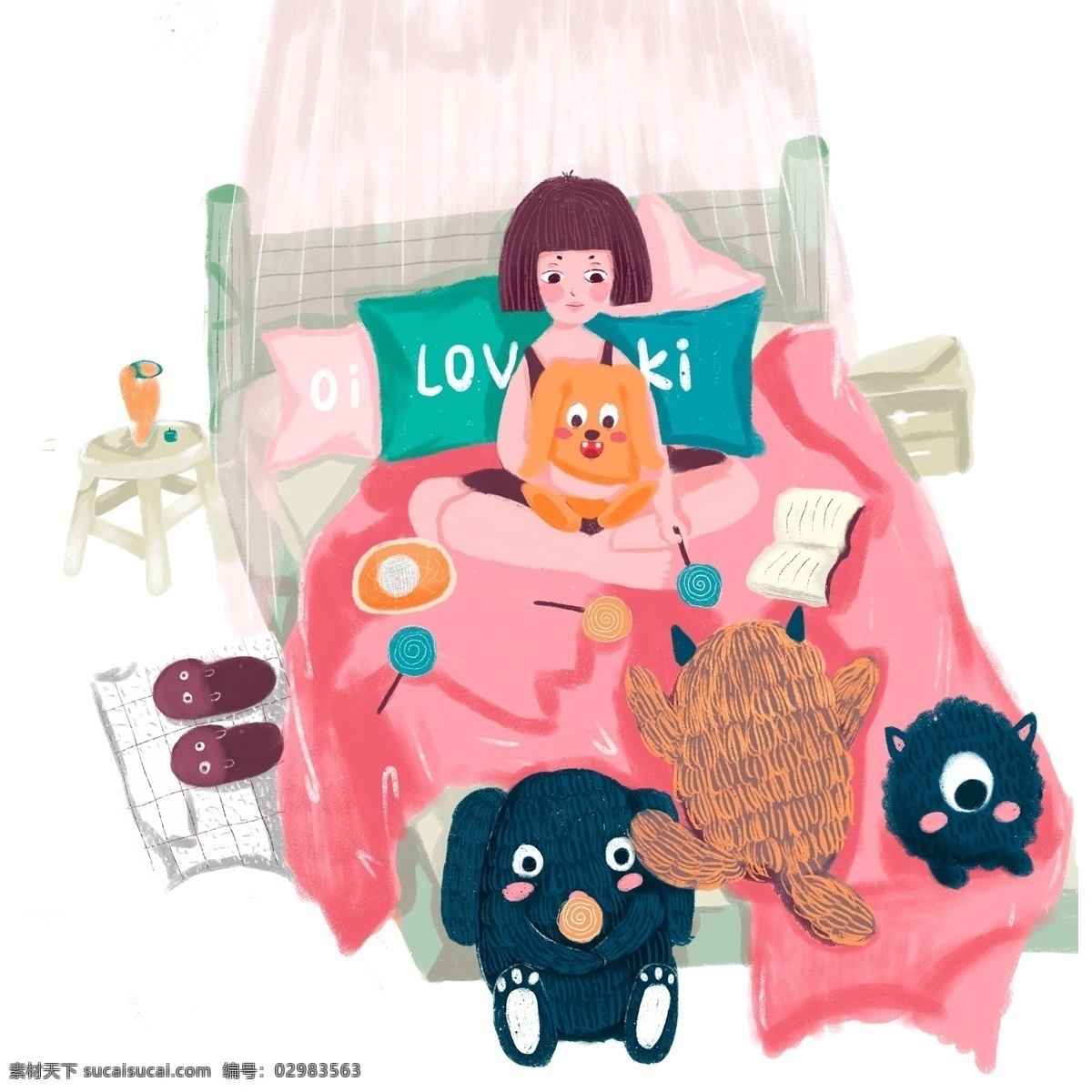 卡通 手绘 坐在 床上 女孩 插画 创意 人物 床 温馨 晚安