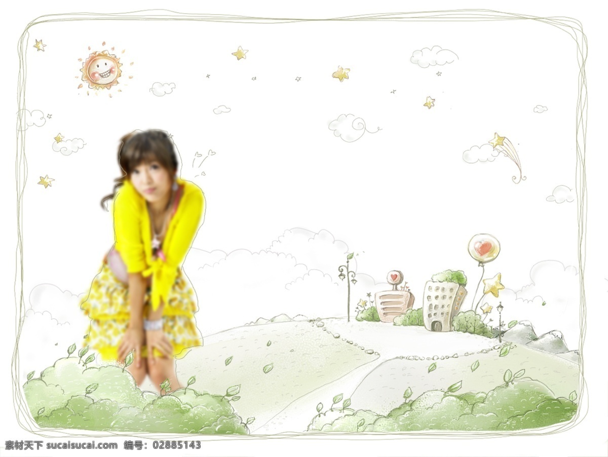 树木 房子 风景 插画 分层 韩国素材 krtk 创意设计 人物 美女 女孩 手绘 可爱 美少女 太阳 云朵 星星 房屋 楼房 路灯 树丛 白色