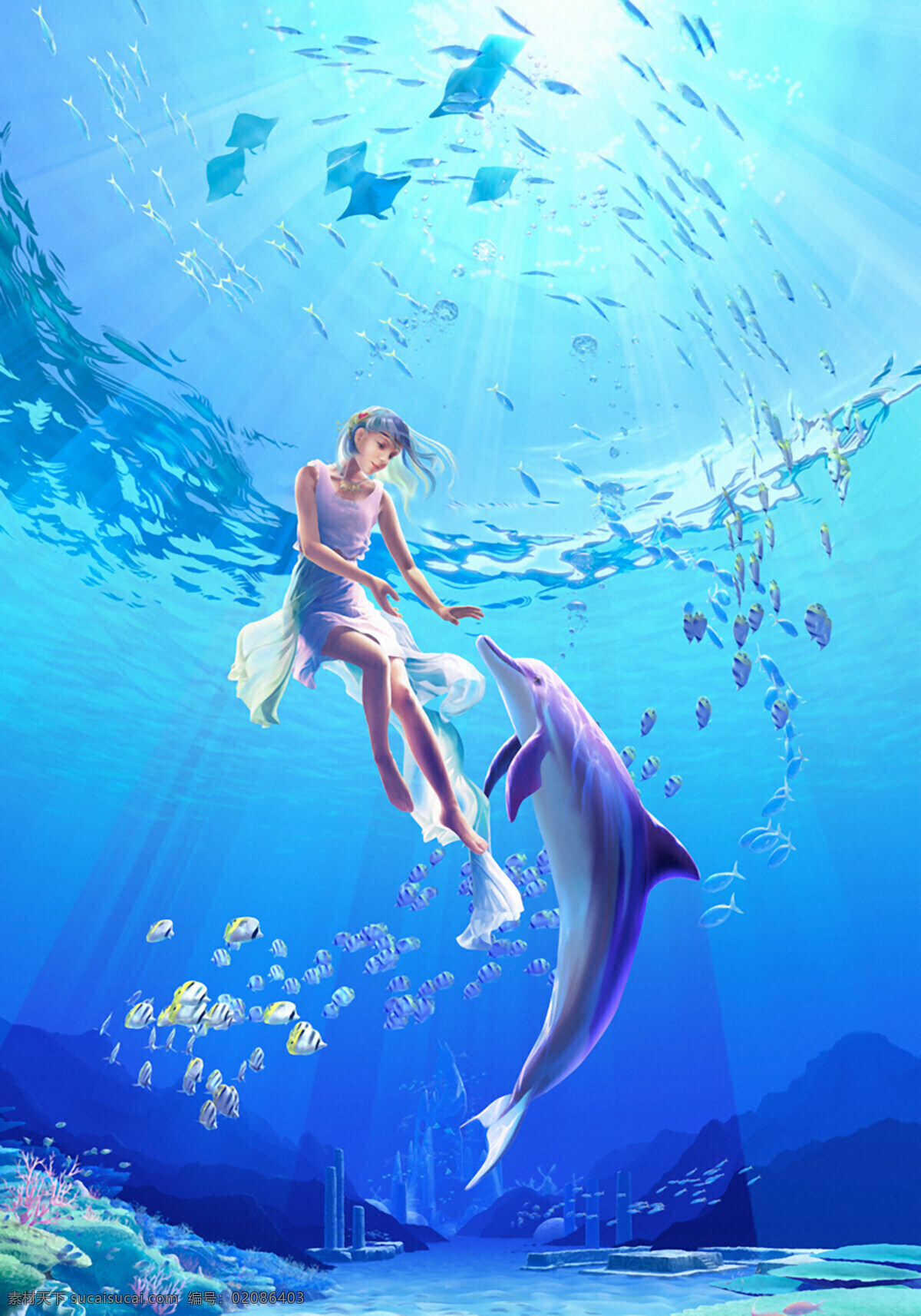 大海 少女 海豚 热带鱼 海底世界 动漫动画 动漫人物